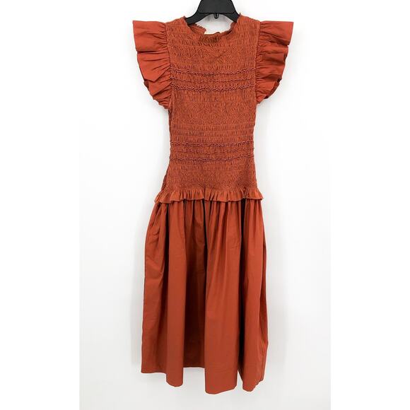 ULLA JOHNSON Women's Madeline Midi Dress Size 2 Orange Clay Ruffle Smocked NWT - Picture 3 of 13